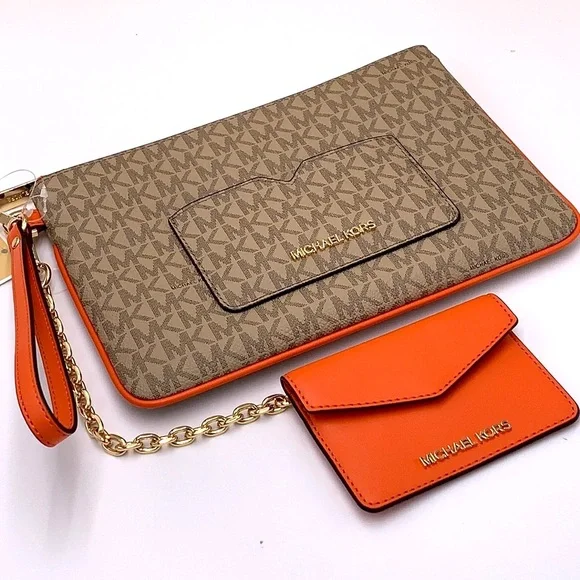 Michael Kors Jet Set LG 2 in 1 card case wristlet Wallet POPPY BROWN SIG… - Picture 2 of 16